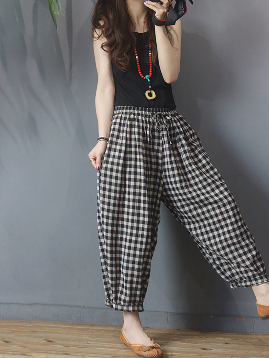 Women's Harem Pants Plus Size Plaid Linen Cotton