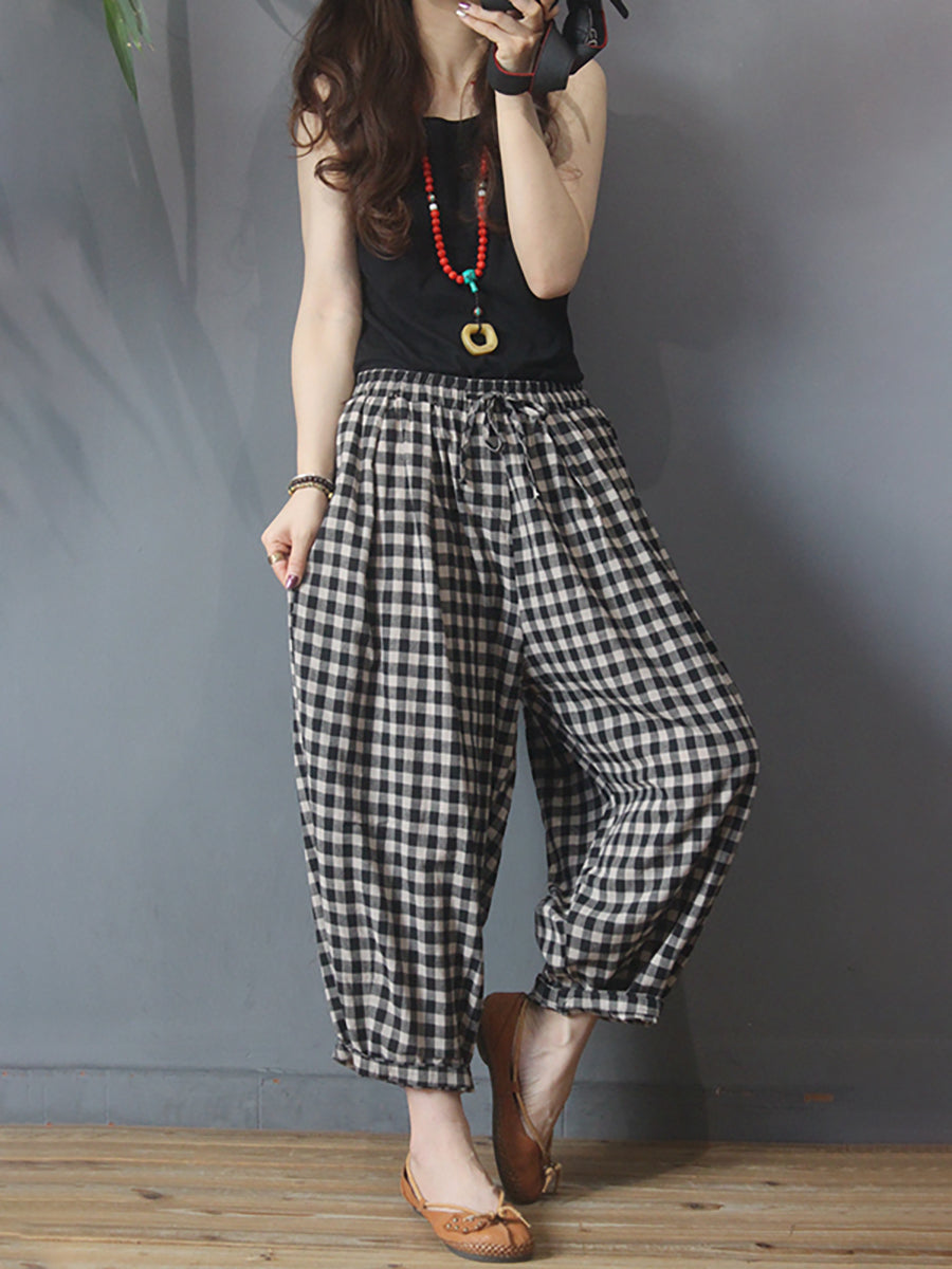 Women's Harem Pants Plus Size Plaid Linen Cotton