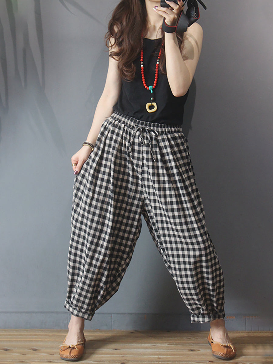 Women's Harem Pants Plus Size Plaid Linen Cotton