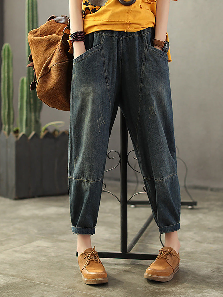 Women's Baggy Jeans Blue Distressed Cotton Plus Size
