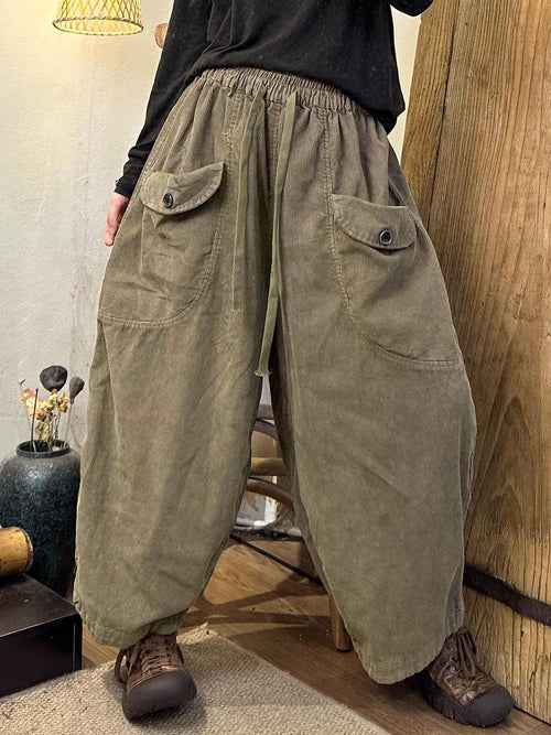 Women's Harem Pants Plus Size Brown Cotton Ankle-Length Fashion with Pockets