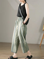 Women's Wide Leg Pants Colorblock 100% Cotton Casual Harem Style