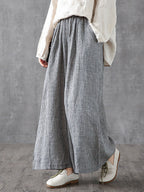 Plus Size Women's Wide Leg Pants Plaid Linen Cotton Ankle Length