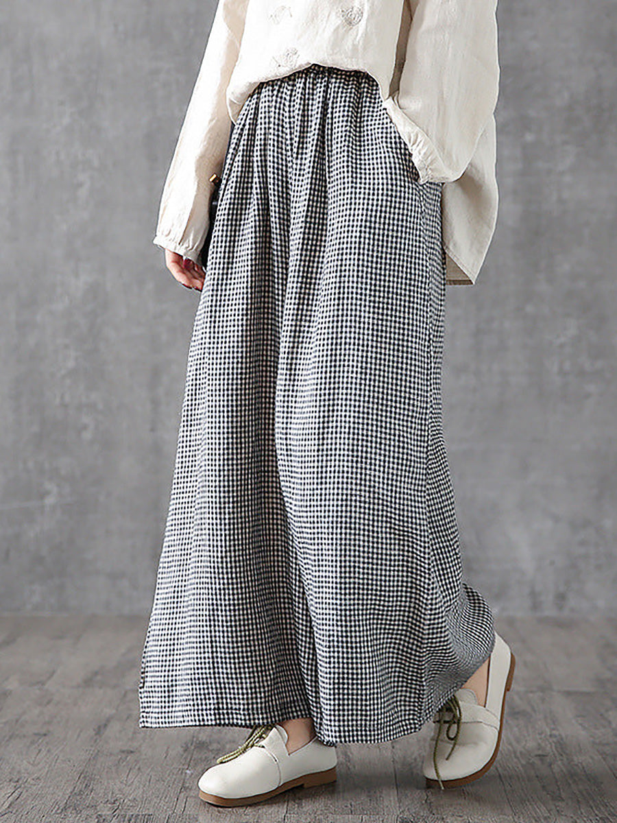 Plus Size Women's Wide Leg Pants Plaid Linen Cotton Ankle Length