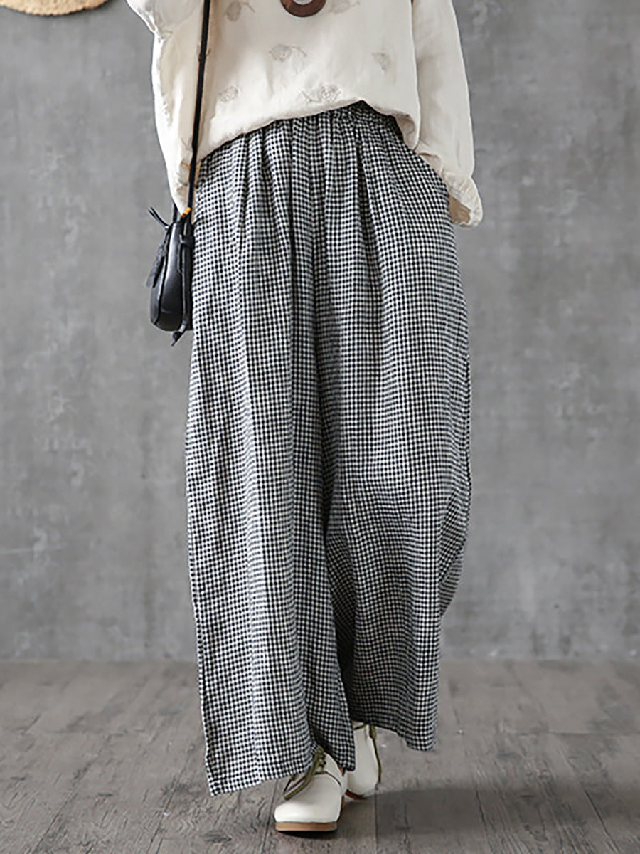 Plus Size Women's Wide Leg Pants Plaid Linen Cotton Ankle Length