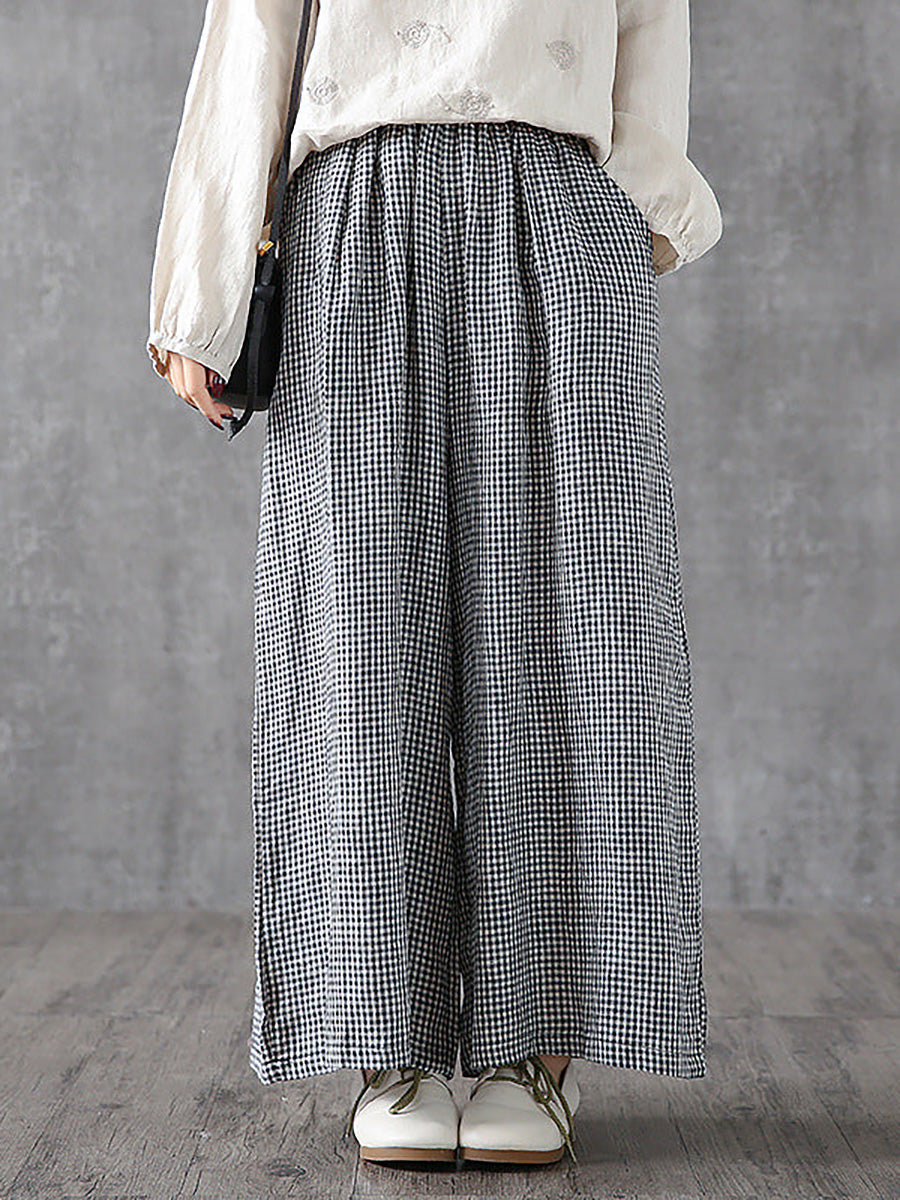 Plus Size Women's Wide Leg Pants Plaid Linen Cotton Ankle Length