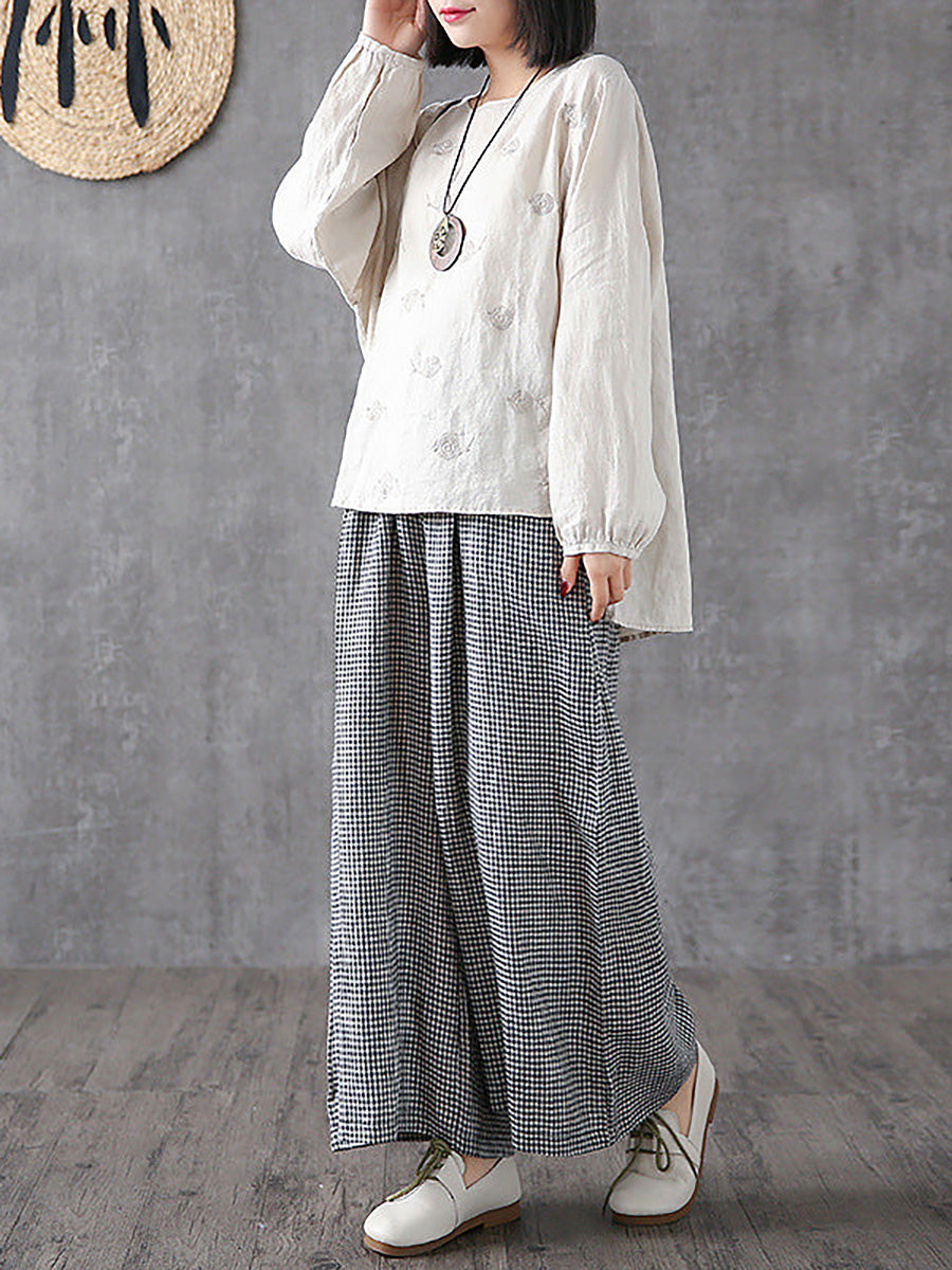 Plus Size Women's Wide Leg Pants Plaid Linen Cotton Ankle Length