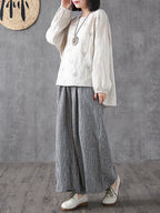 Plus Size Women's Wide Leg Pants Plaid Linen Cotton Ankle Length