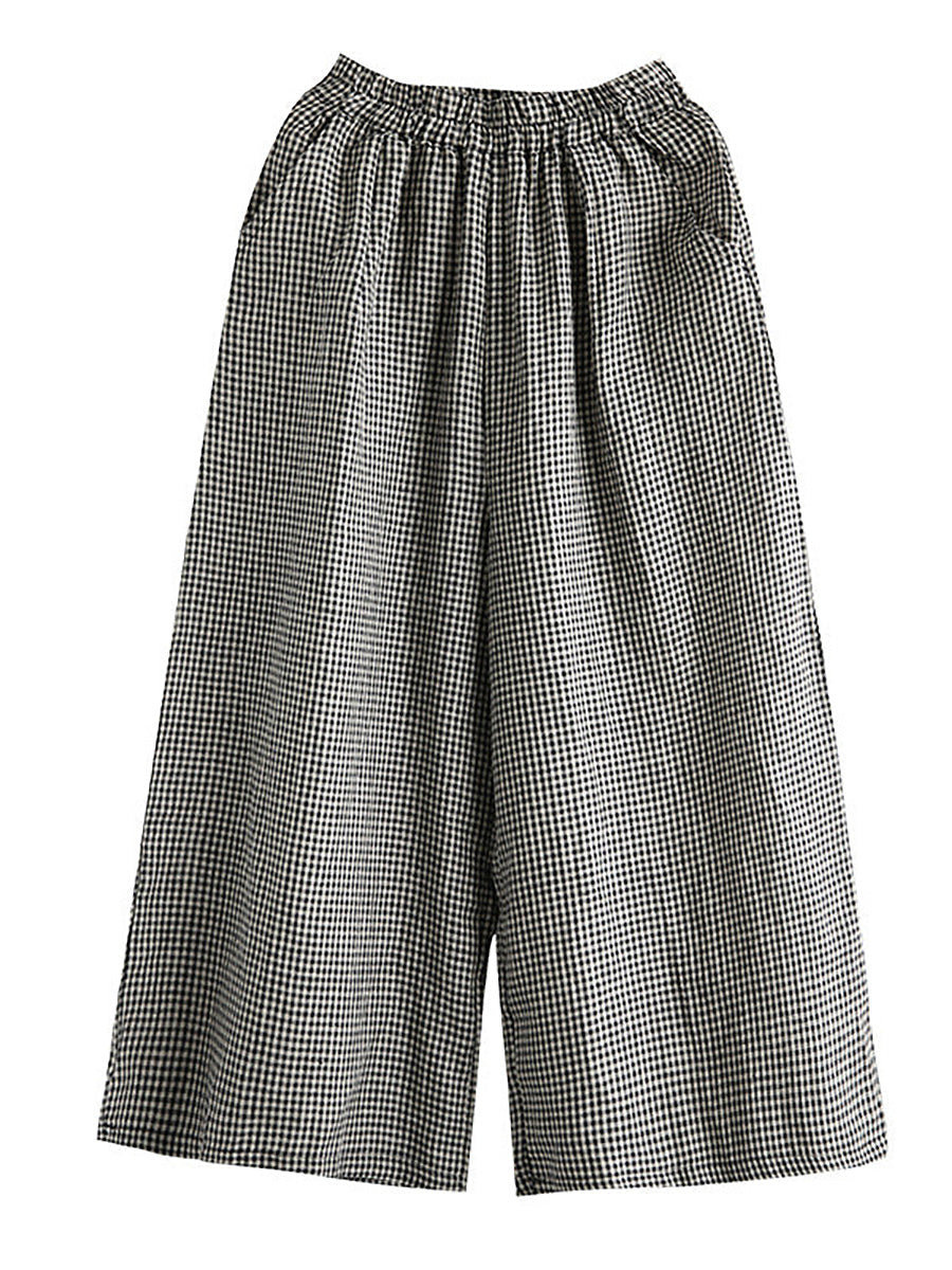 Plus Size Women's Wide Leg Pants Plaid Linen Cotton Ankle Length