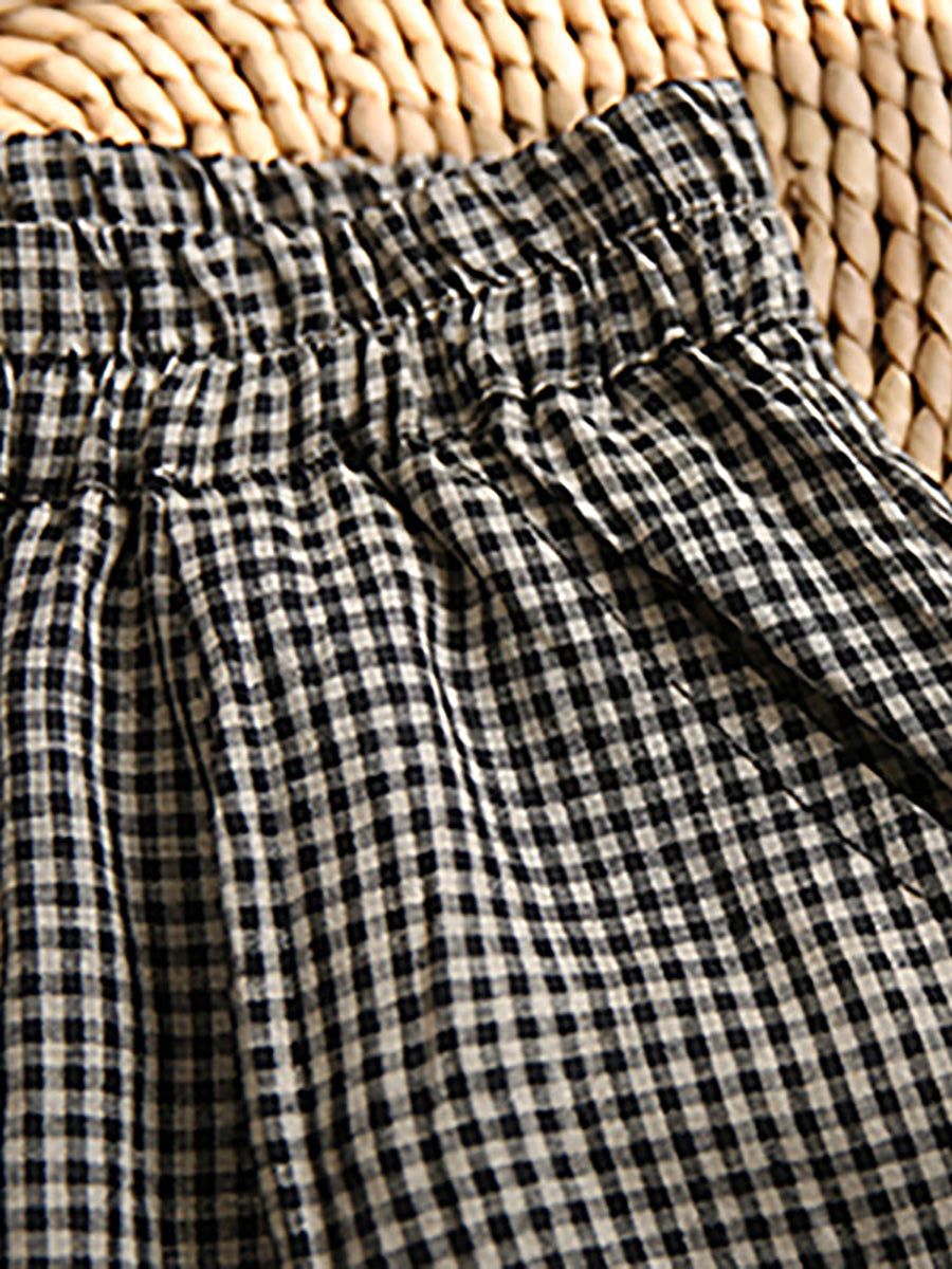 Plus Size Women's Wide Leg Pants Plaid Linen Cotton Ankle Length