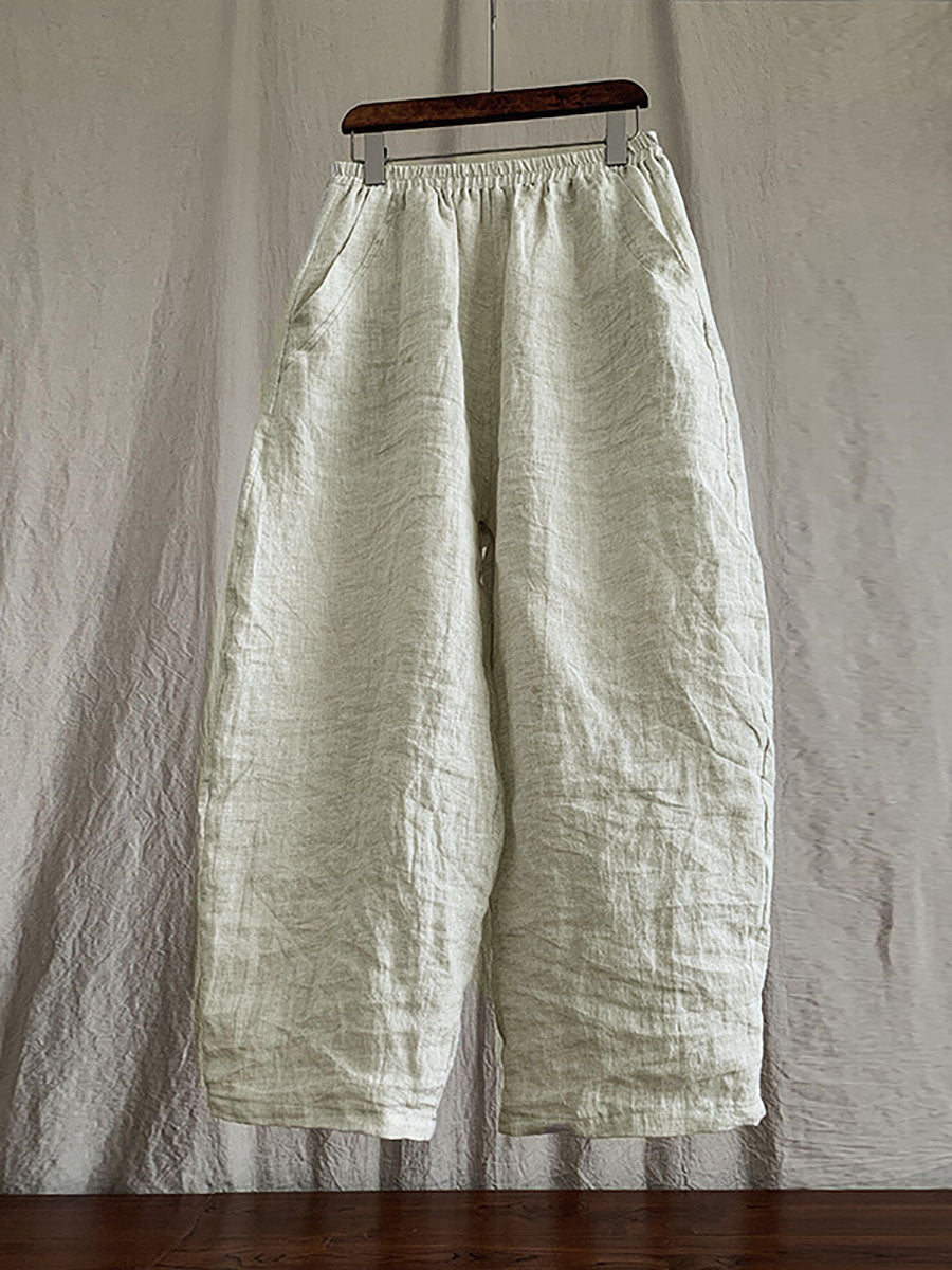 Women's Pants Beige Plus Size Linen Elastic Waist Ankle-Length Casual