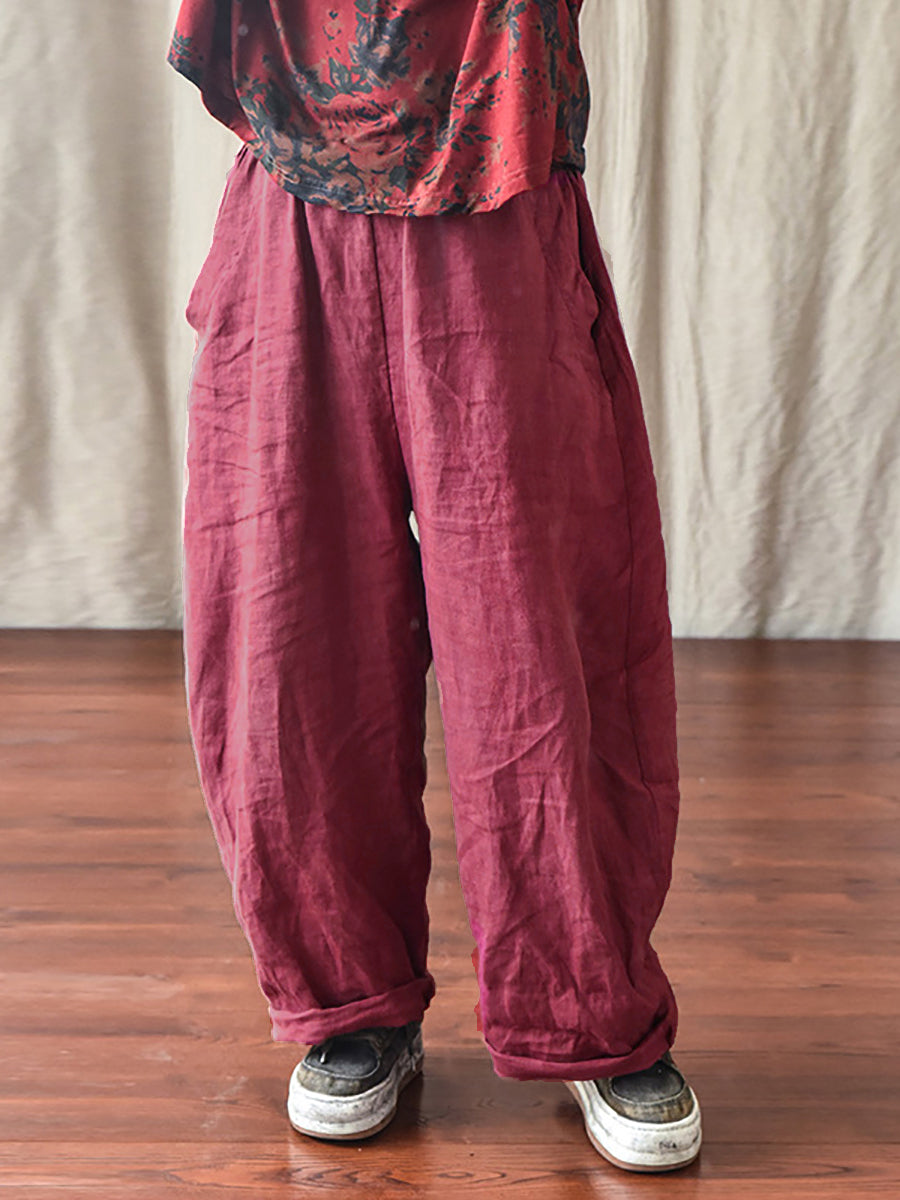 Women's Pants Beige Plus Size Linen Elastic Waist Ankle-Length Casual