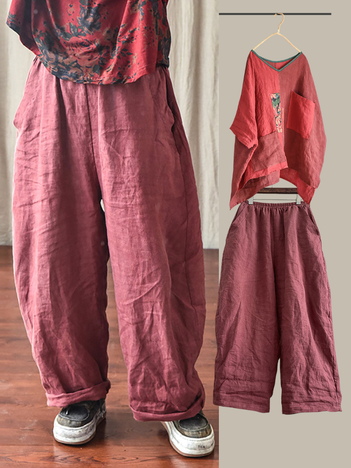Women's Pants Beige Plus Size Linen Elastic Waist Ankle-Length Casual