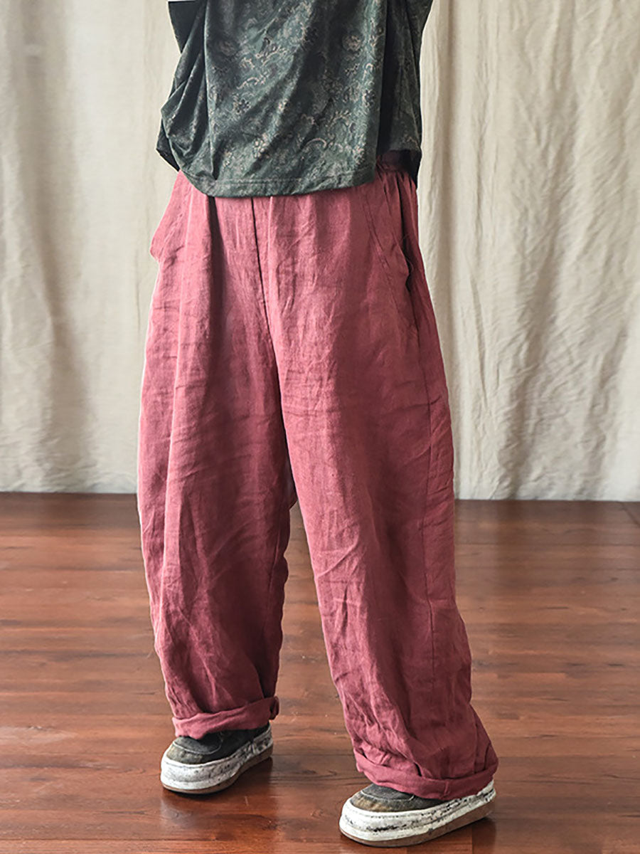 Women's Pants Beige Plus Size Linen Elastic Waist Ankle-Length Casual
