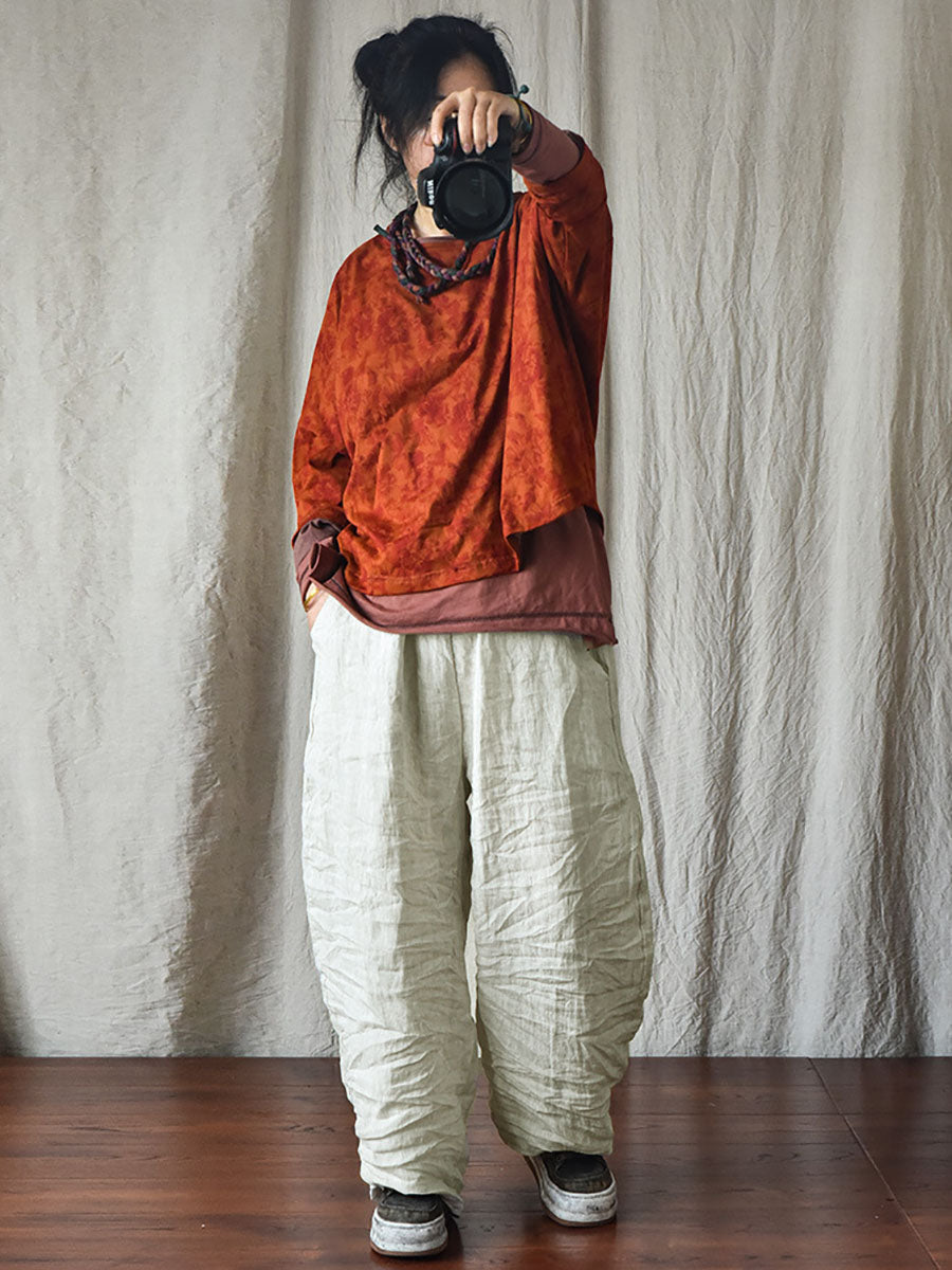 Women's Pants Beige Plus Size Linen Elastic Waist Ankle-Length Casual
