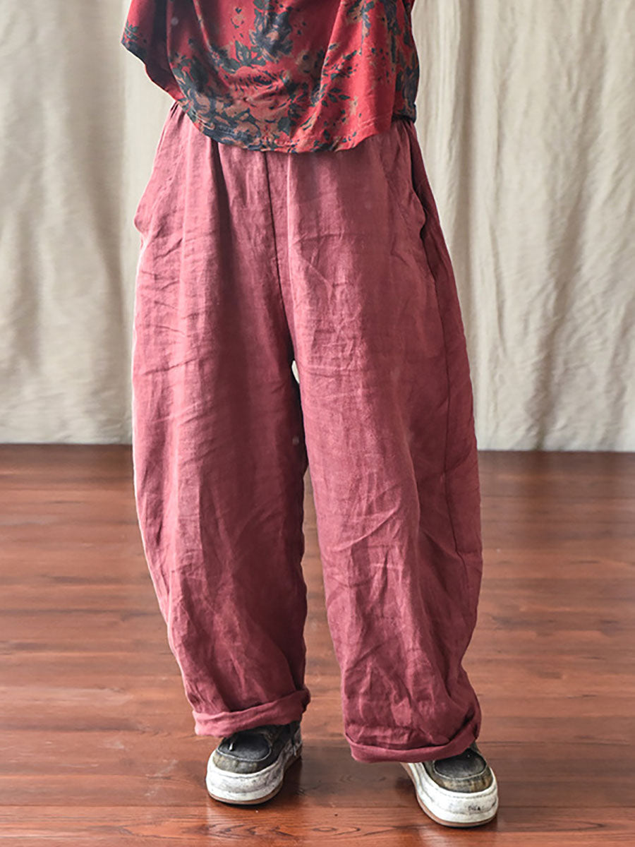 Women's Pants Beige Plus Size Linen Elastic Waist Ankle-Length Casual