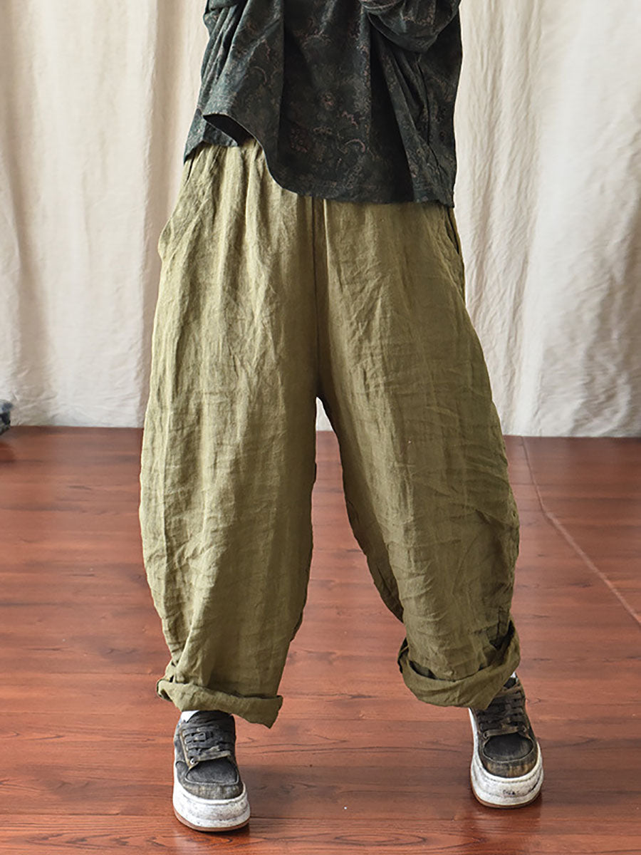Women's Pants Beige Plus Size Linen Elastic Waist Ankle-Length Casual
