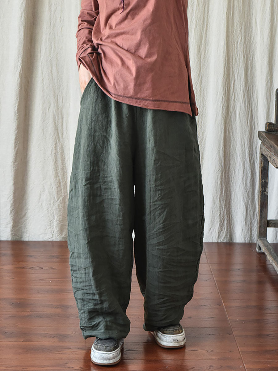 Women's Pants Beige Plus Size Linen Elastic Waist Ankle-Length Casual