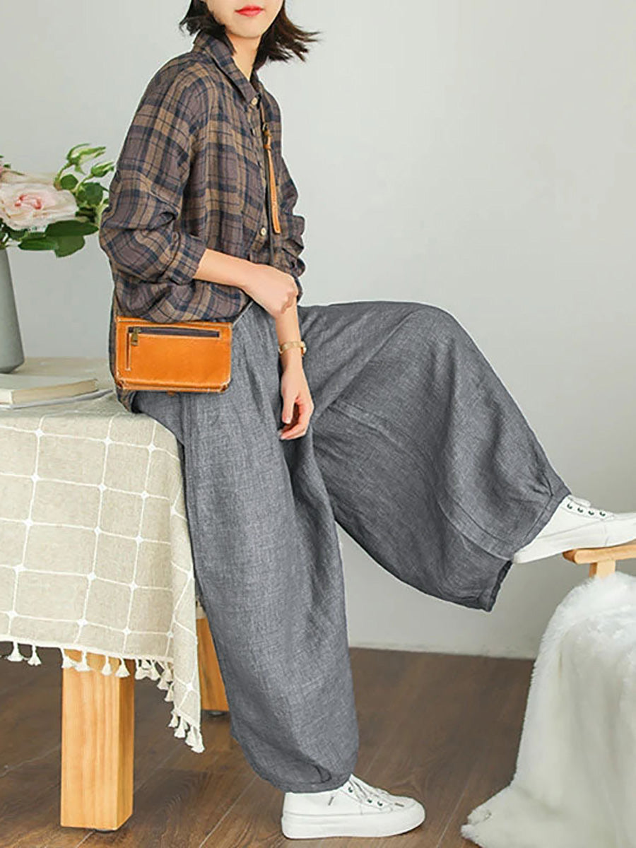 Plus Size Women's Wide Leg Pants Beige Linen