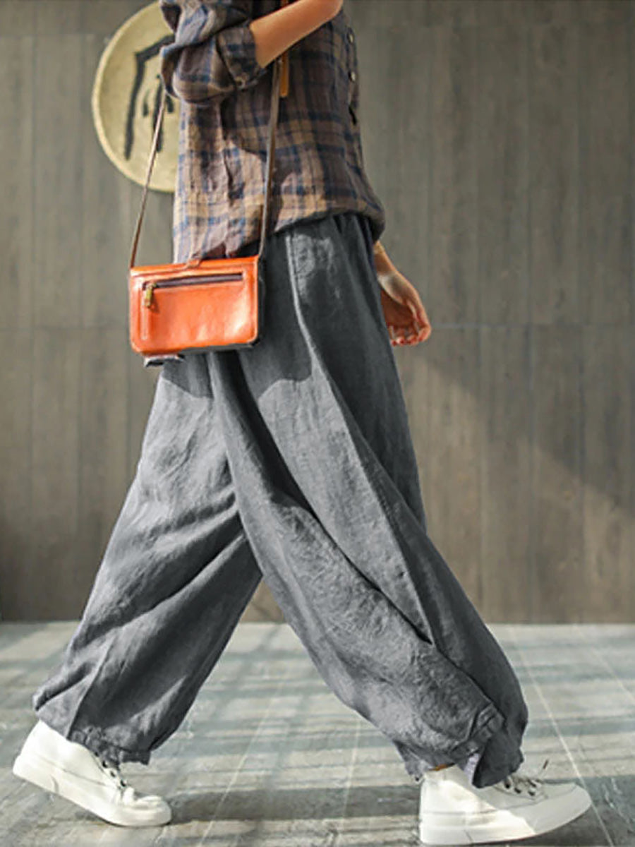 Plus Size Women's Wide Leg Pants Beige Linen