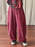 Plus Size Women's Pants Beige Linen Elastic Waist with Pockets