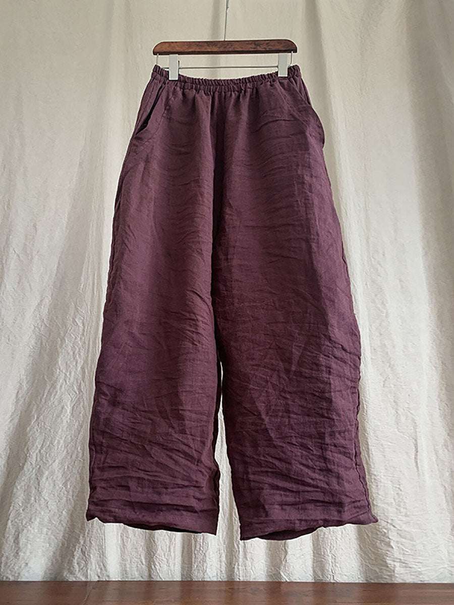 Plus Size Women's Pants Beige Linen Elastic Waist with Pockets