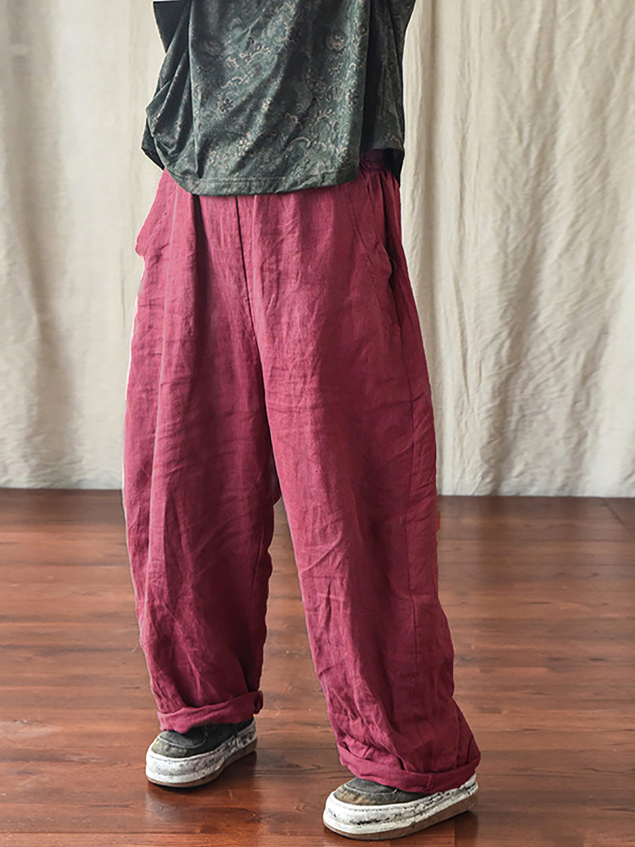 Plus Size Women's Pants Beige Linen Elastic Waist with Pockets