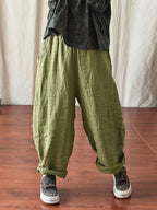 Plus Size Women's Pants Beige Linen Elastic Waist with Pockets