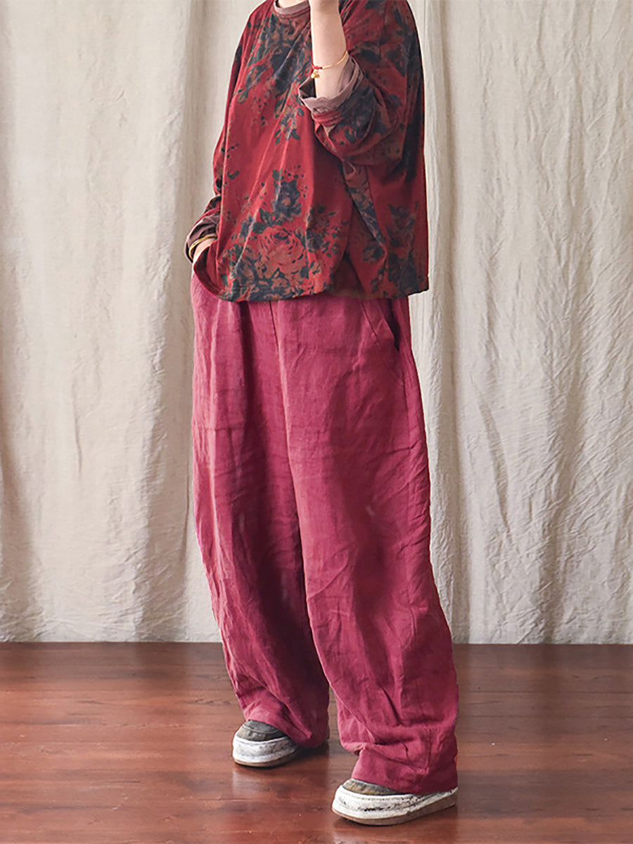 Plus Size Women's Pants Beige Linen Elastic Waist with Pockets