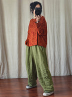 Plus Size Women's Pants Beige Linen Elastic Waist with Pockets