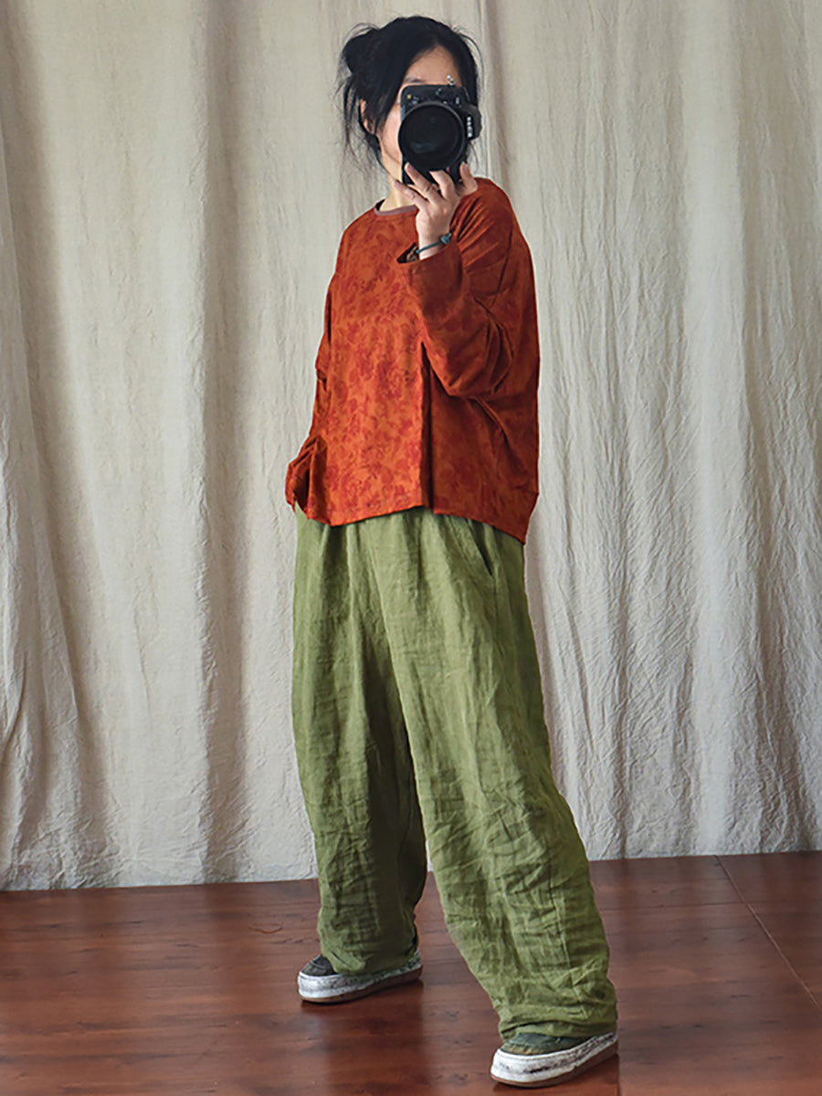 Plus Size Women's Pants Beige Linen Elastic Waist with Pockets