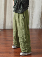Plus Size Women's Pants Beige Linen Elastic Waist with Pockets