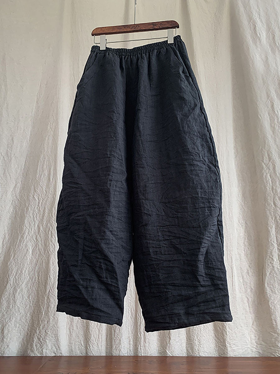 Plus Size Women's Pants Beige Linen Elastic Waist with Pockets