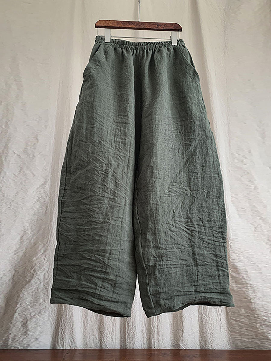 Plus Size Women's Pants Beige Linen Elastic Waist with Pockets