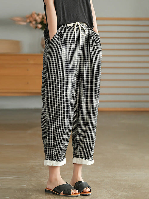 Plus Size Women's Casual Pants Plaid Lightweight Viscose Polyester