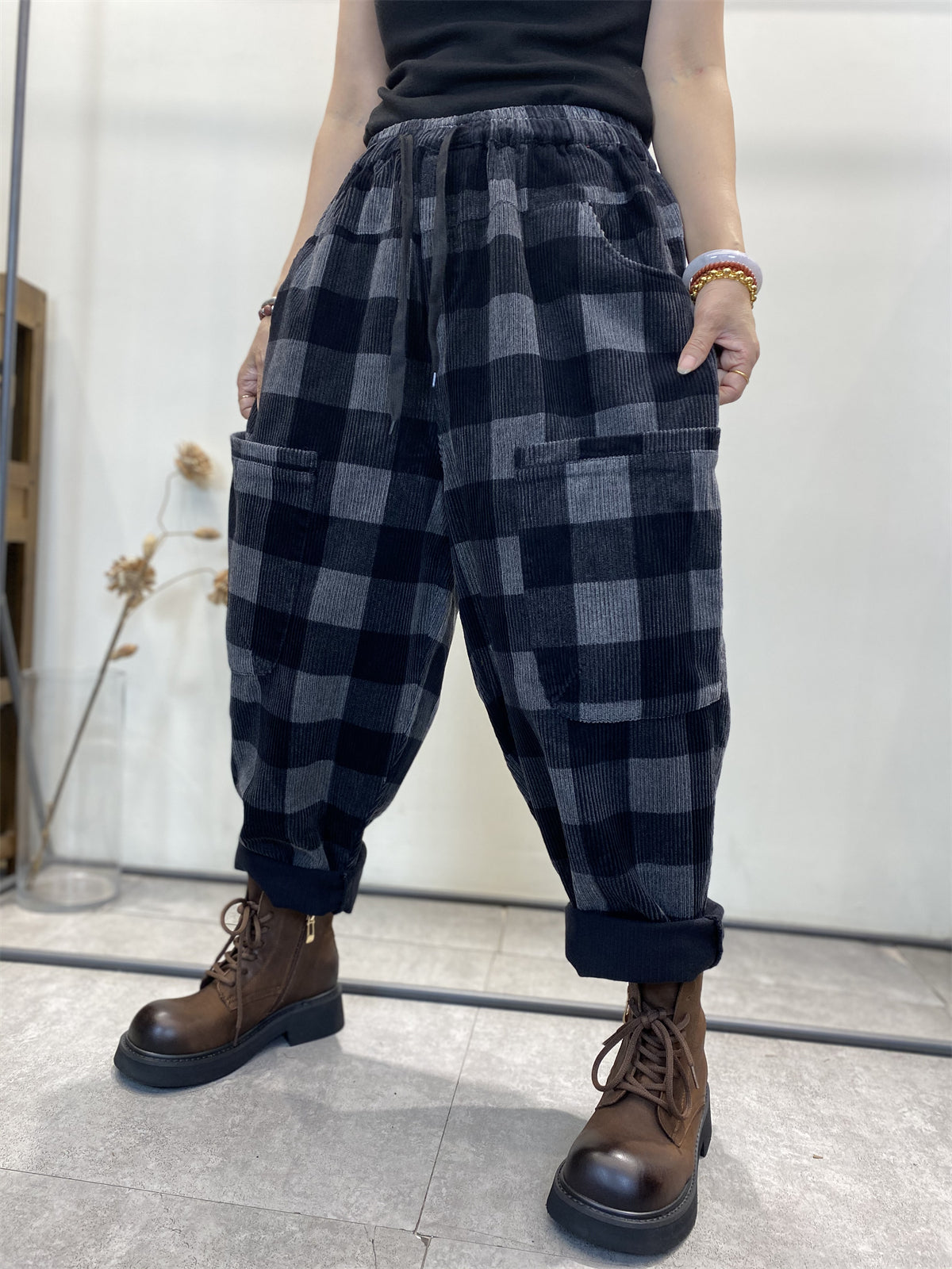 Women's Harem Pants Plaid Plus Size Corduroy