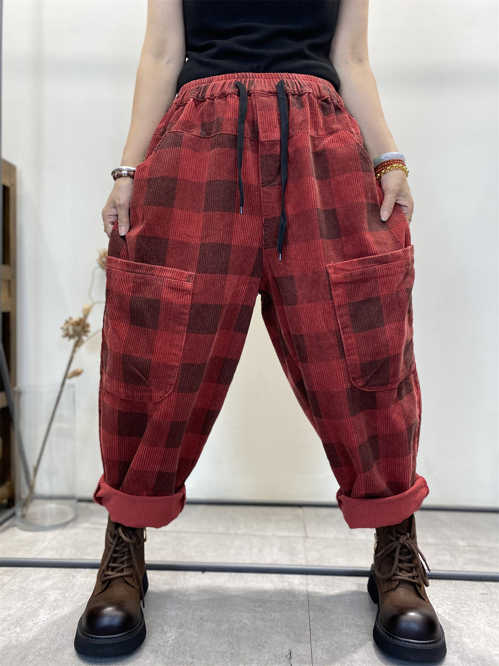 Women's Harem Pants Plaid Plus Size Corduroy
