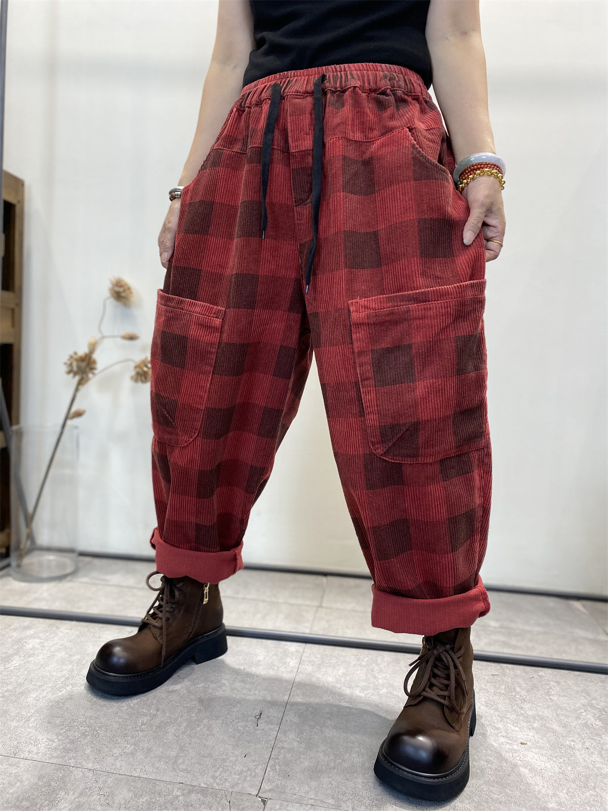 Women's Harem Pants Plaid Plus Size Corduroy