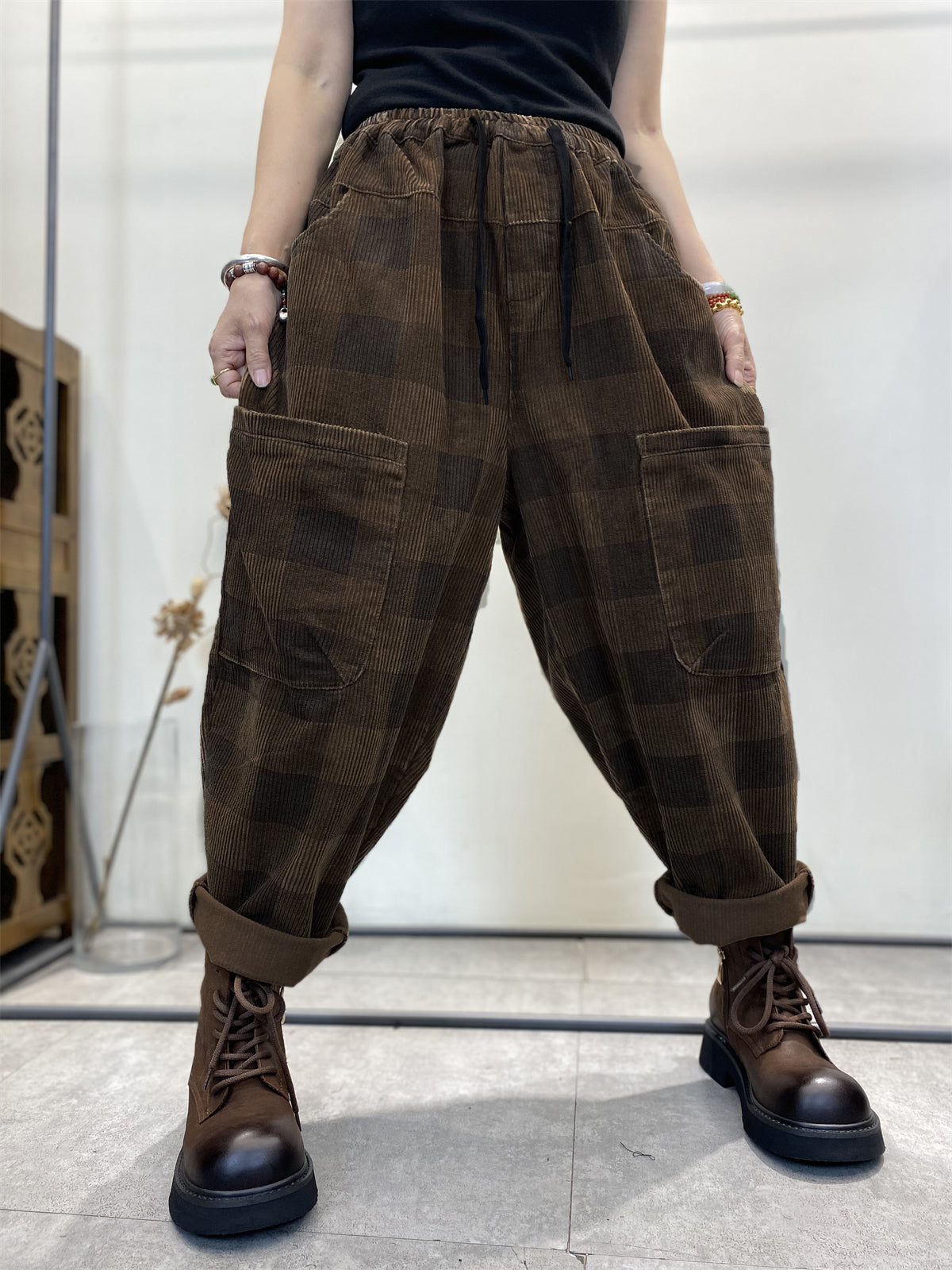 Women's Harem Pants Plaid Plus Size Corduroy