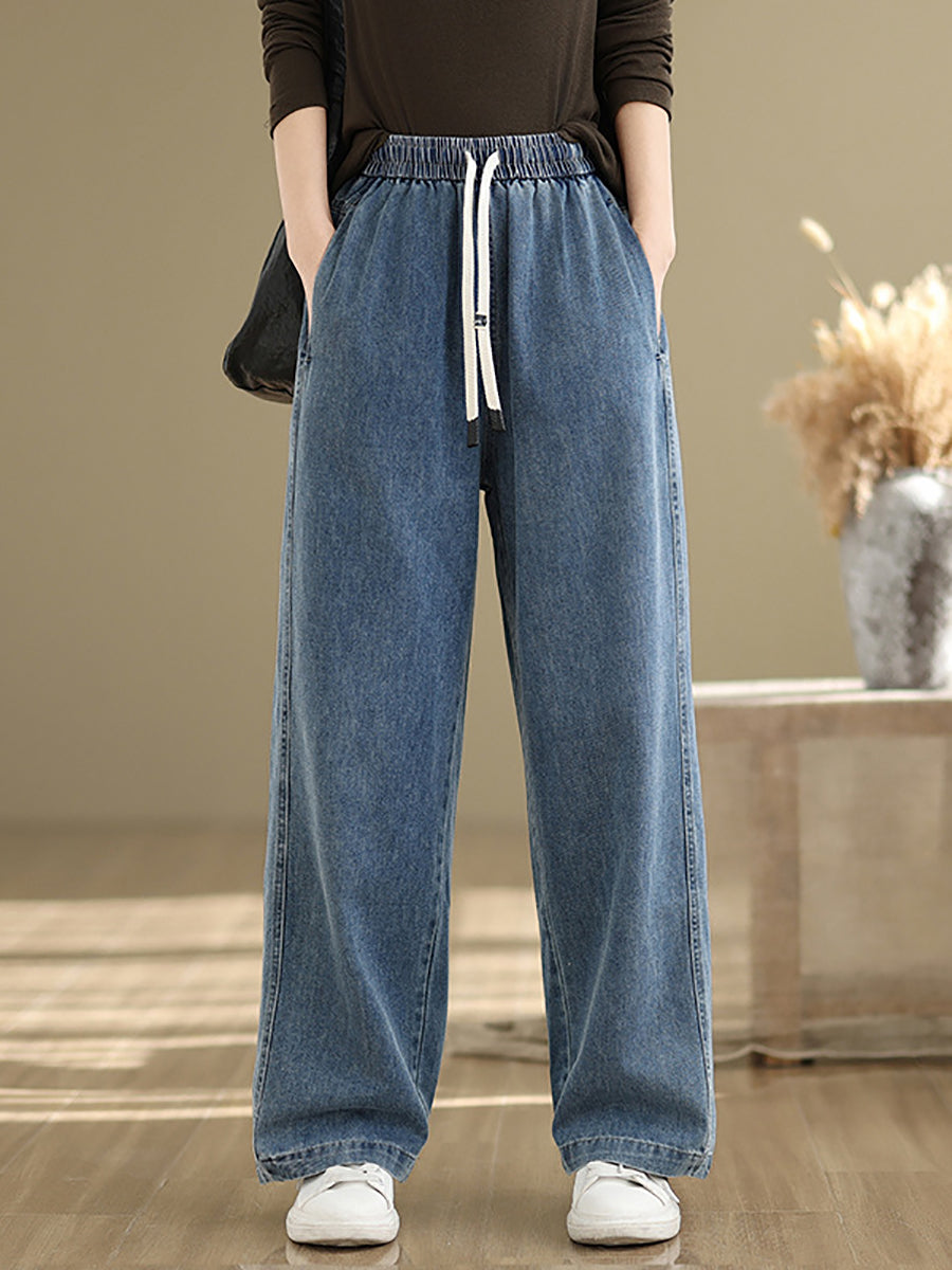 Women's Straight Pants Blue Cotton Blend