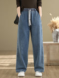 Women's Straight Pants Blue Cotton Blend