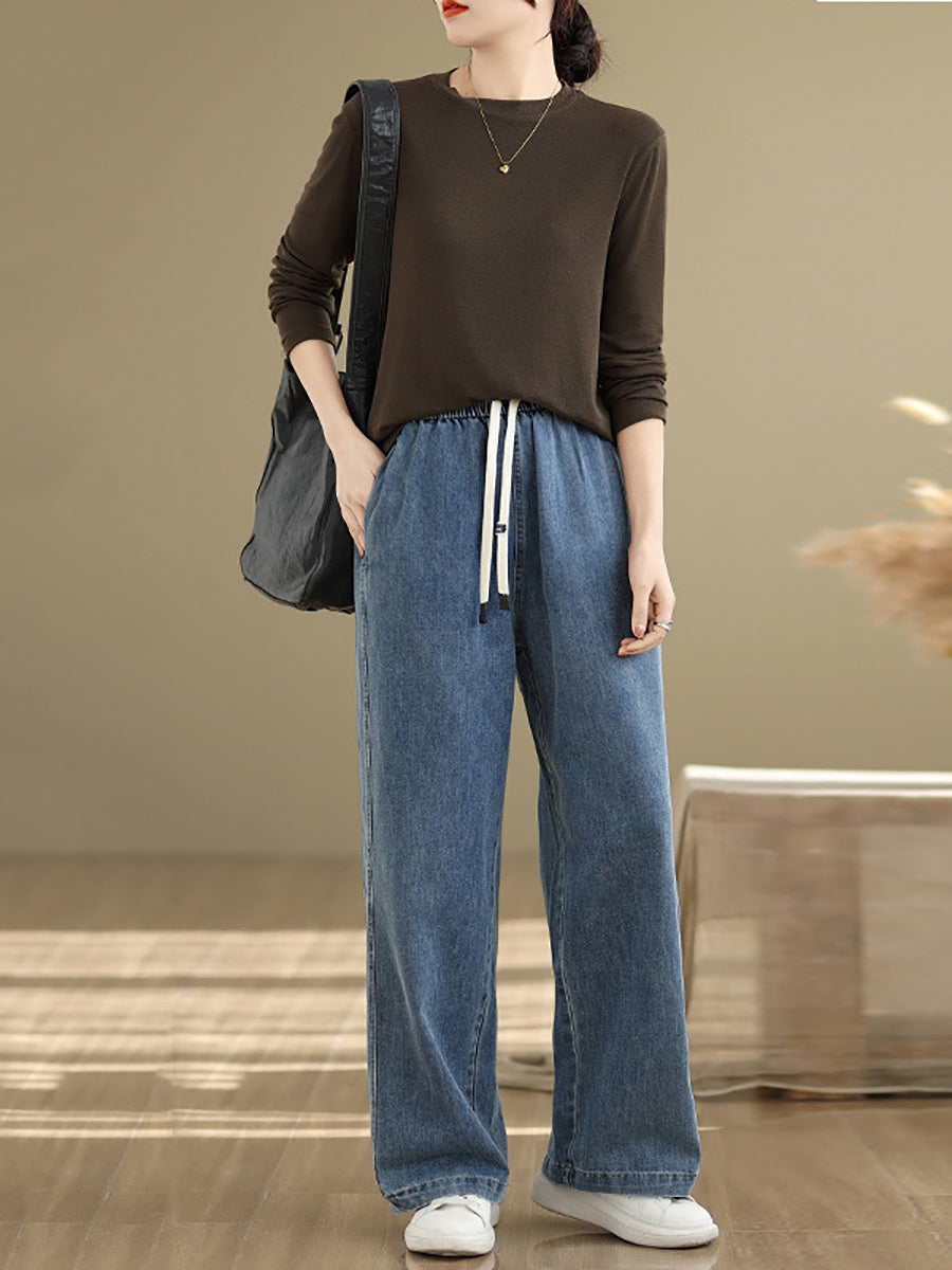 Women's Straight Pants Blue Cotton Blend