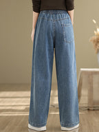 Women's Straight Pants Blue Cotton Blend
