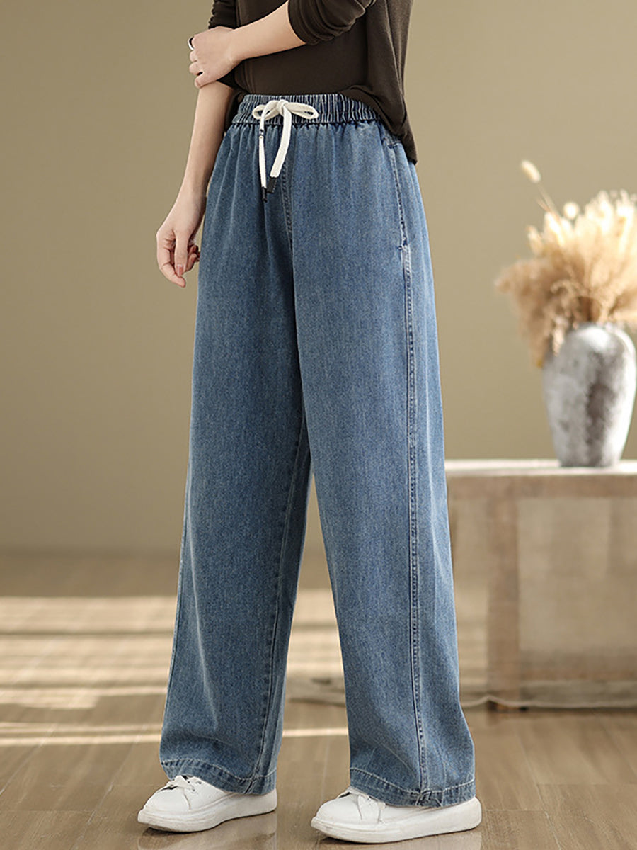 Women's Straight Pants Blue Cotton Blend