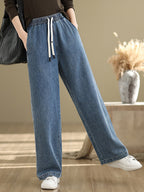 Women's Straight Pants Blue Cotton Blend