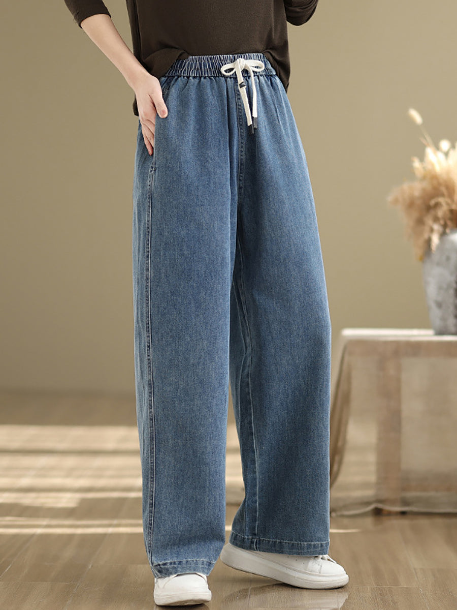 Women's Straight Pants Blue Cotton Blend