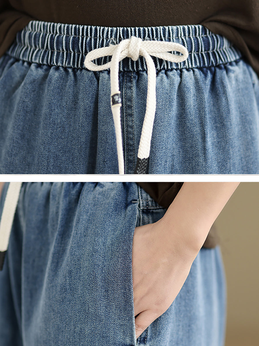 Women's Straight Pants Blue Cotton Blend