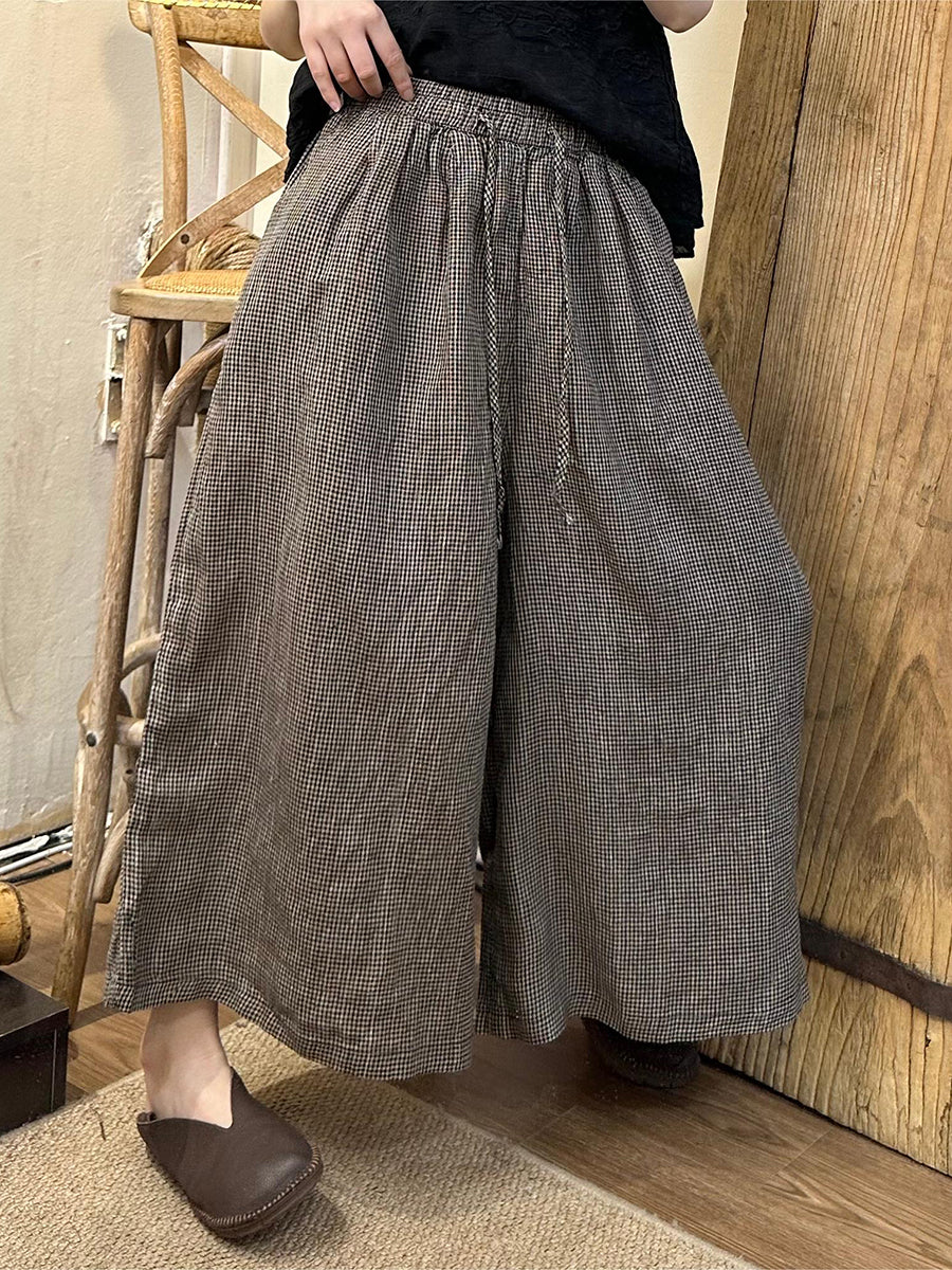 Women's Wide Leg Pants Plaid Plus Size Cotton Linen Ankle Length