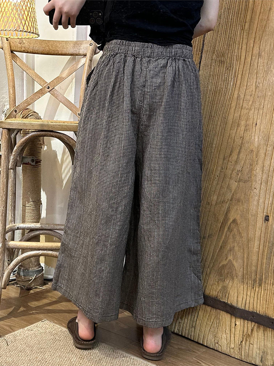 Women's Wide Leg Pants Plaid Plus Size Cotton Linen Ankle Length