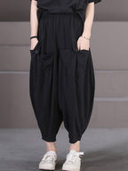 Women's Harem Pants Plus Size Black Stretch Fabric Casual Ankle-Length